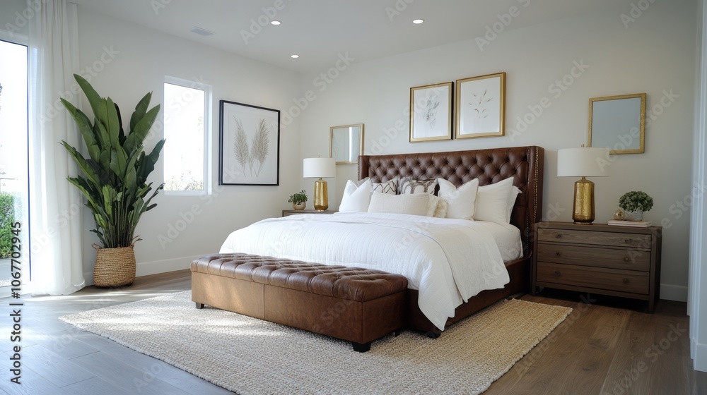 Modern Bedroom with Brown Leather Headboard and White Bedding Modern Bedroom with Brown Leather Headboard and White Bedding
