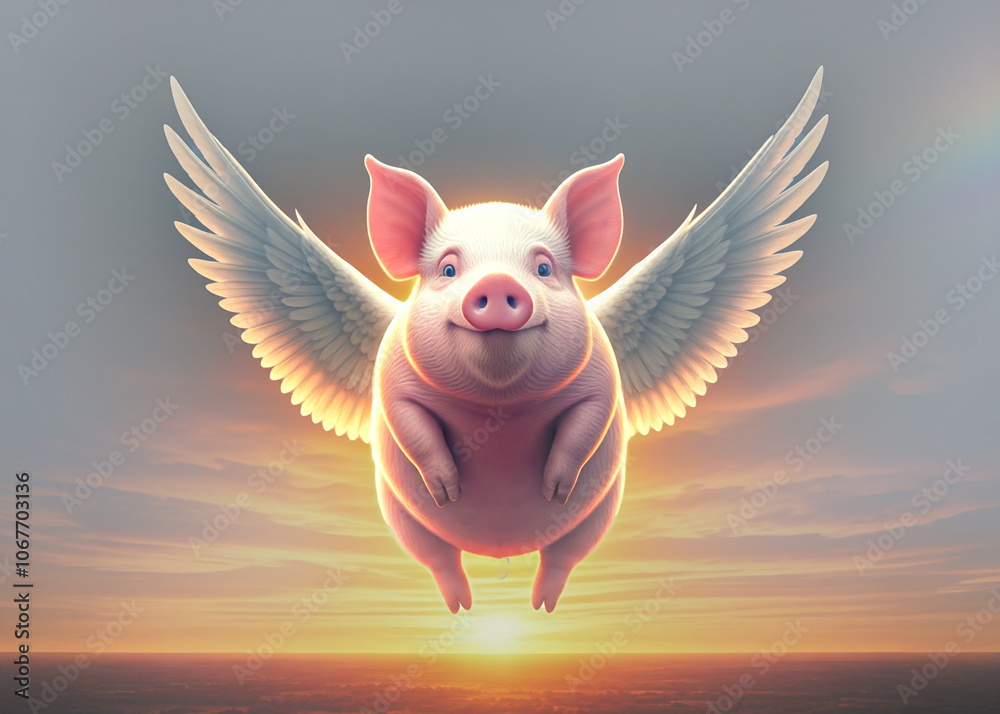 Happy smiling flying pig with wings. Beautiful sunset background Happy smiling flying pig with wings. Beautiful sunset background