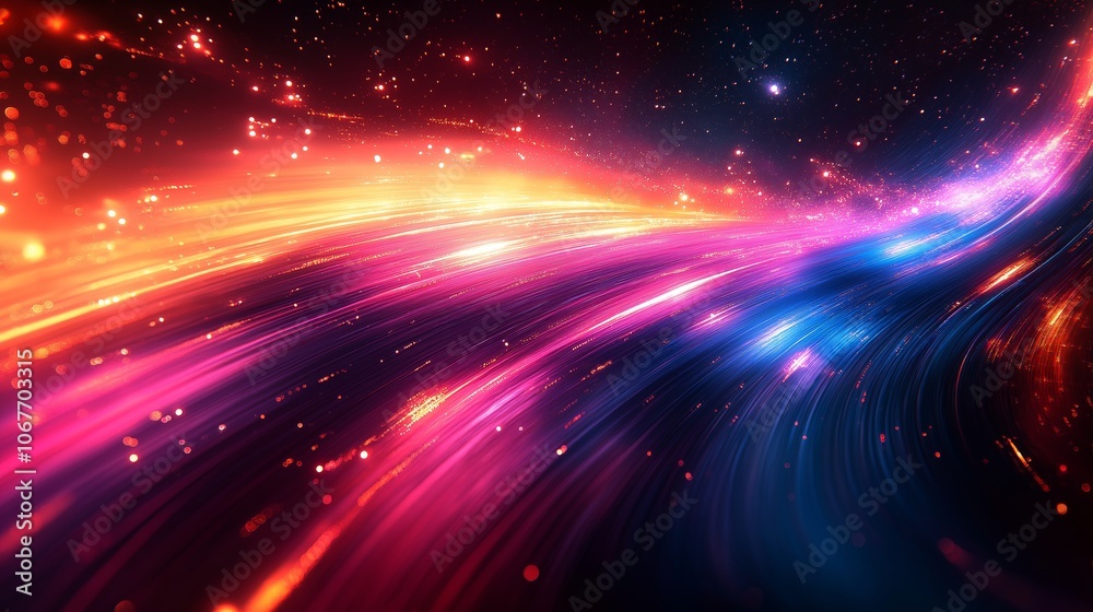 Obraz premium Dynamic Neon Gradient Light Trails in Space with Starry Background