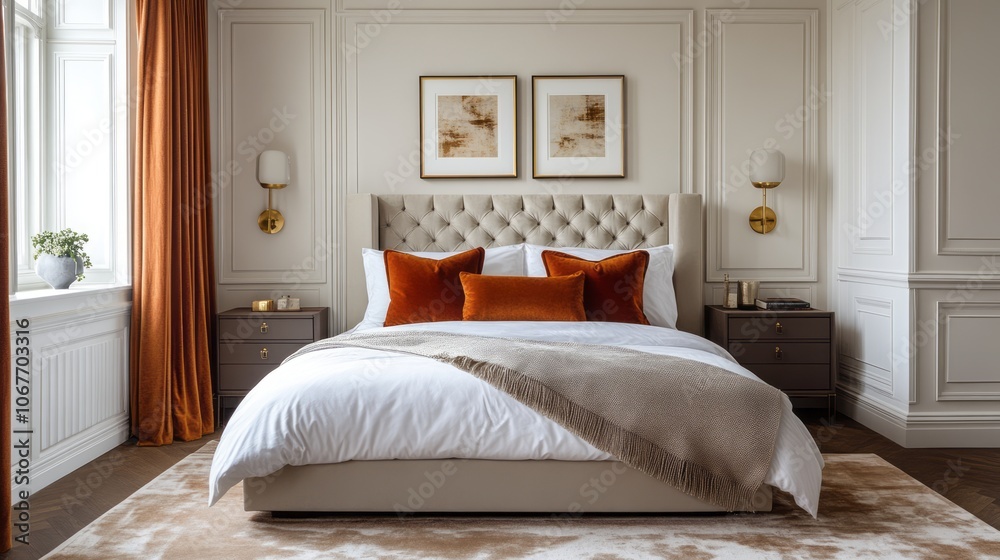 A Luxurious Bedroom Interior with a Large Bed and Beige Walls