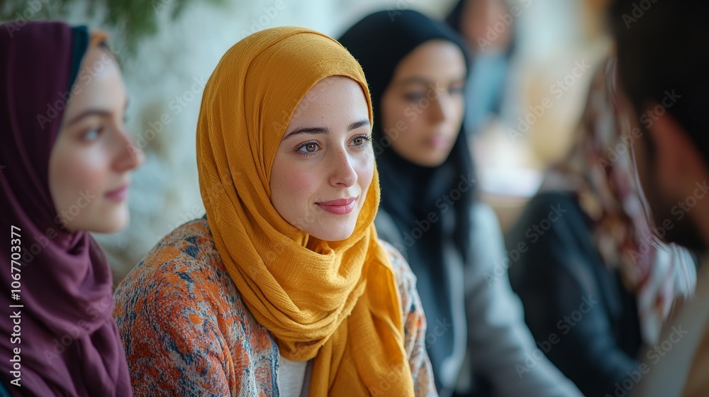 Women in hijabs engaged in conversation in a social setting