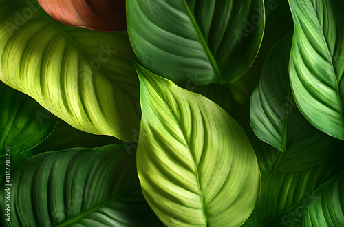 Close-up macro nature exotic bright green leave texture tropical Jungle plant abstract background.Curve leaf floral botanical desktop wallpaper,website cover backdrop.