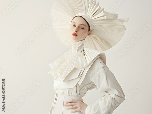 A high-fashion model in an avant-garde futuristic outfit on white background