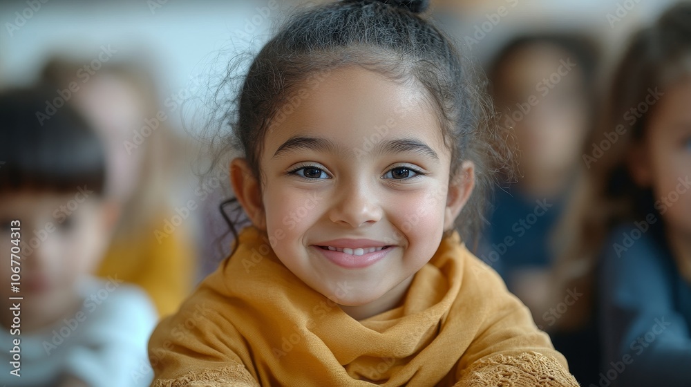 Joyful girl smiling in a classroom full of children Joyful girl smiling in a classroom full of children