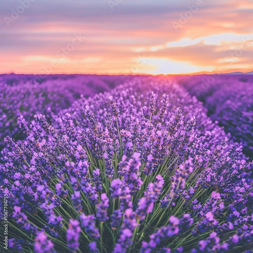 A vibrant lavender field at sunset, showcasing nature's beauty and tranquility.