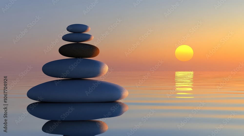 stack of smooth stones balanced on top of each other, with the sun setting in the background over an ocean, stack of smooth stones balanced on top of each other, with the sun setting in the background over an ocean,