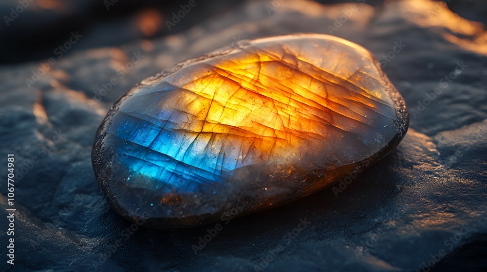 Fototapeta premium A luminous gemstone with vibrant blue and orange hues, set against a textured dark background, illustrating natural beauty and intricate details.