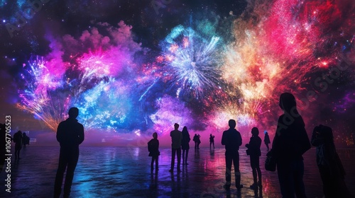 People watching fireworks display at night, colorful explosions in the sky.  photo