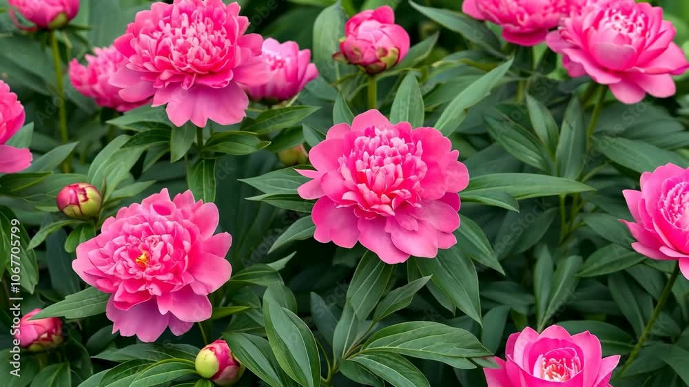 Pink peonies bloom in a garden, their petals unfurling in the summer sun Pink peonies bloom in a garden, their petals unfurling in the summer sun