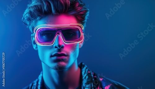 Serious And Handsome Young Man From The Future In Neon Wire Goggles Standing Against Blue Light - Portrait.