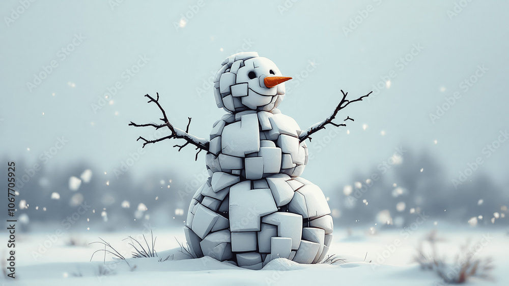 Unique snowman made of geometric shapes in a snowy environment Unique snowman made of geometric shapes in a snowy environment