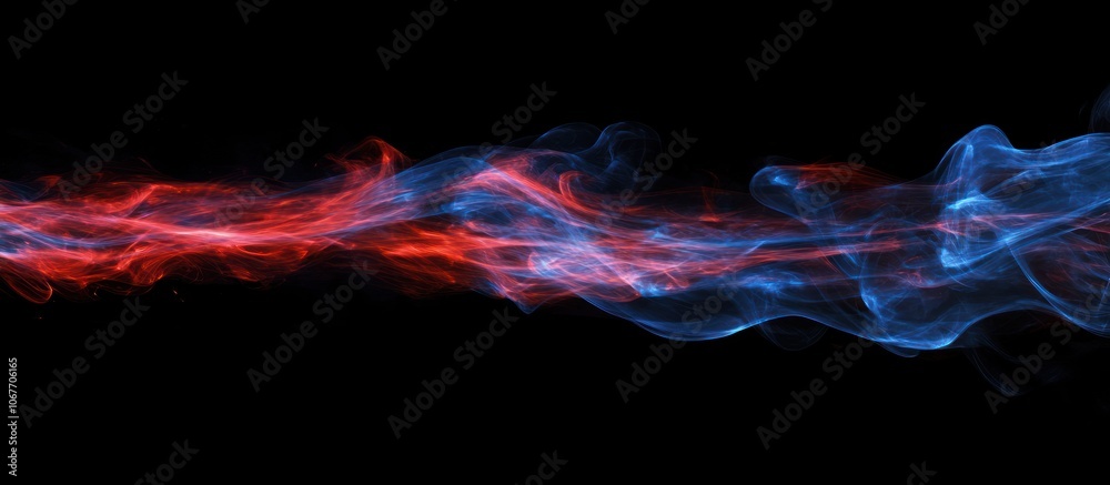 Abstract red and blue smoke streaks against a black background.
