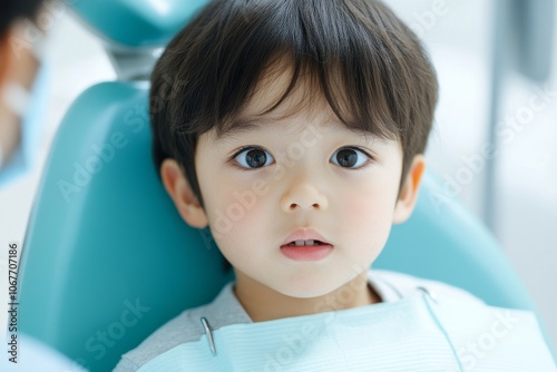 hild sitting in a dental chair with a worried expression, symbolizing fear of dental checkups. photo