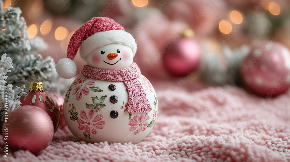 Festive Snowman Ornament with Pink Holiday Accents and Cozy Knit Scarf Festive Snowman Ornament with Pink Holiday Accents and Cozy Knit Scarf