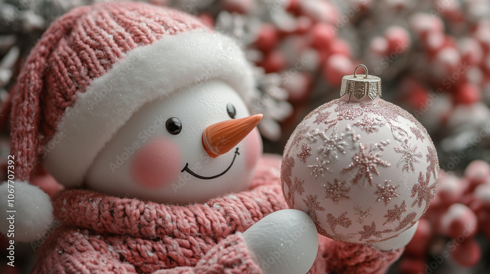 Obraz premium Charming Snowman Figure in Pink Knit Attire Holding Christmas Ornament