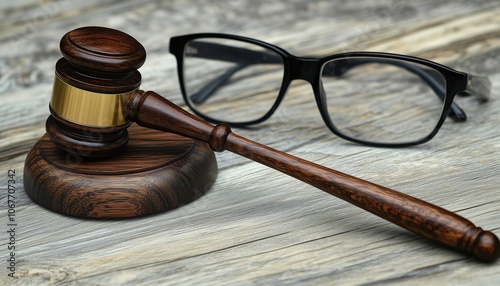 Judge'S Gavel And Glasses On Wooden Table With Experienced Lawyer Meeting Clients And Providing Legal Consultation In Law Services, Legal Advice. photo