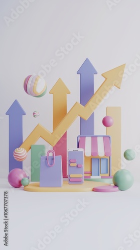 Modern 3D Business Icons with Arrows Indicating Growth and Success