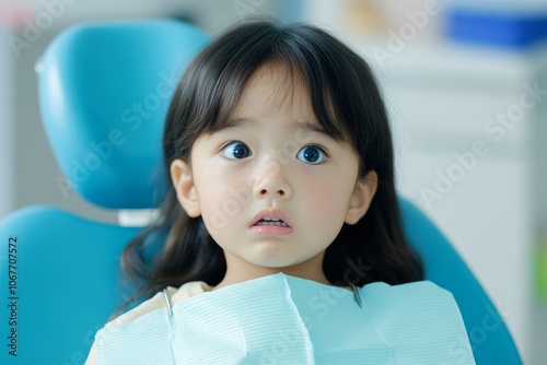 hild sitting in a dental chair with a worried expression, symbolizing fear of dental checkups. photo