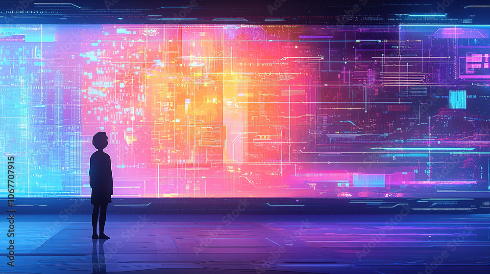 Young person contemplating a futuristic interface showing complex data Young person contemplating a futuristic interface showing complex data