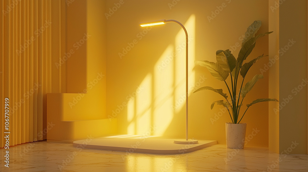Minimalist yellow interior with empty podium and plant Minimalist yellow interior with empty podium and plant