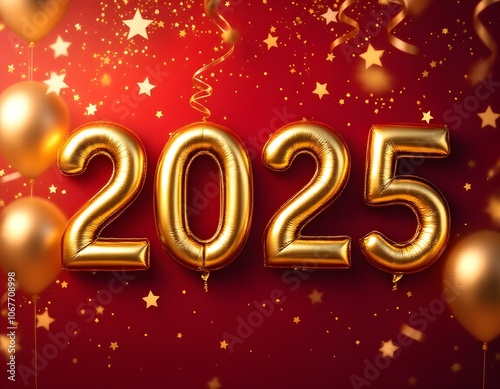 Golden Metallic 2025 Balloons on Vibrant Red Background with Festive Confetti and Streamers – Luxurious New Year Celebration Image