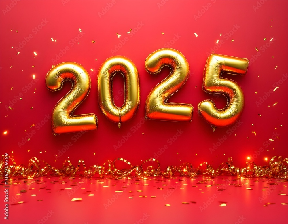 Golden Metallic 2025 Balloons on Vibrant Red Background with Festive Confetti and Streamers – Luxurious New Year Celebration Image Golden Metallic 2025 Balloons on Vibrant Red Background with Festive Confetti and Streamers – Luxurious New Year Celebration Image