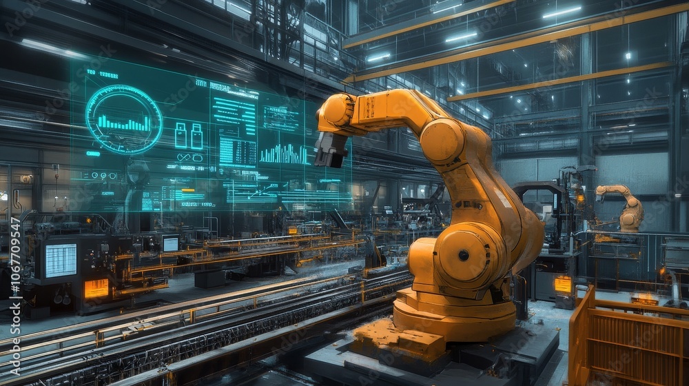 Naklejka premium Exploring Advanced Industrial Robotics Implementations Within a HighTech Manufacturing Facility Environment