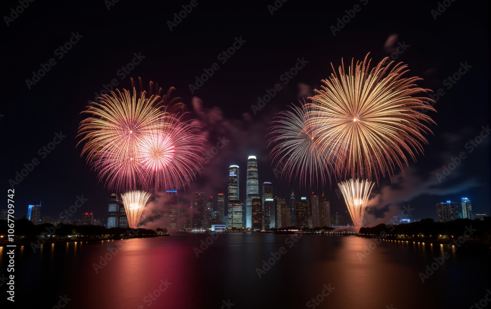 Fototapeta premium fireworks over the river next to the city new years eve