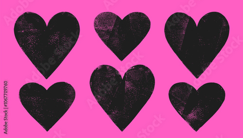 Textured hearts vector, linocut relief printing shapes, rough textures set. Paint roller stains, lino ink grungy artistic linocutting Valentine's day backgrounds, text frames, card templates.