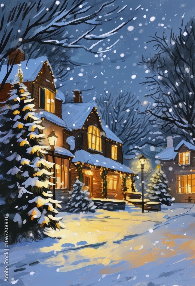 Weihnachtliche Dorfidylle mit schneebedeckten Häusern, beleuchtetem Weihnachtsbaum und friedlicher Winternacht – perfekt für eine stimmungsvolle Grußkarte. Generative KI