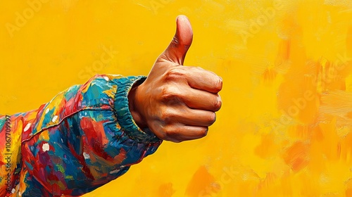 Thumbs up on vibrant yellow background photo