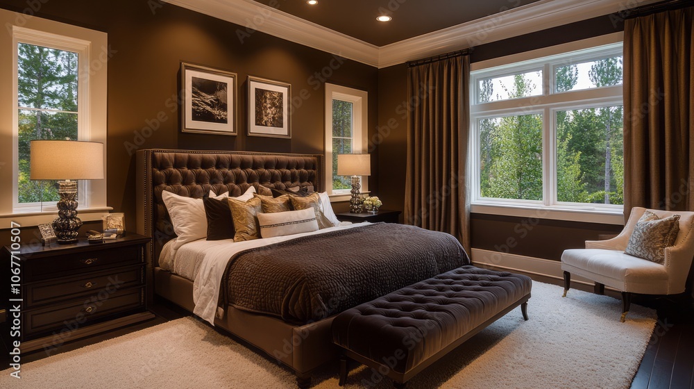 Luxurious Brown Bedroom with Plush Bed, Ottoman, and Window View Luxurious Brown Bedroom with Plush Bed, Ottoman, and Window View