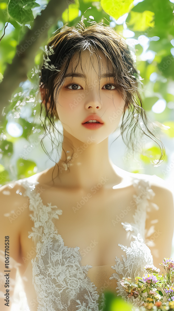 Ethereal bridal portrait of a woman among lush greenery, perfect for wall art, wallpaper, and wedding decoration, exuding natural beauty and elegance. Ethereal bridal portrait of a woman among lush greenery, perfect for wall art, wallpaper, and wedding decoration, exuding natural beauty and elegance.