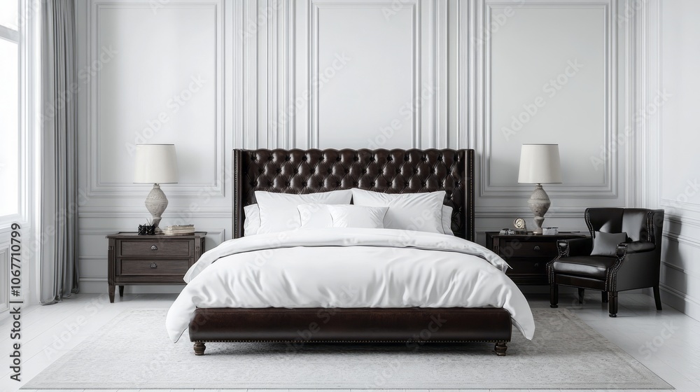 Luxurious Bedroom Interior with Leather Headboard and Bedside Tables Luxurious Bedroom Interior with Leather Headboard and Bedside Tables
