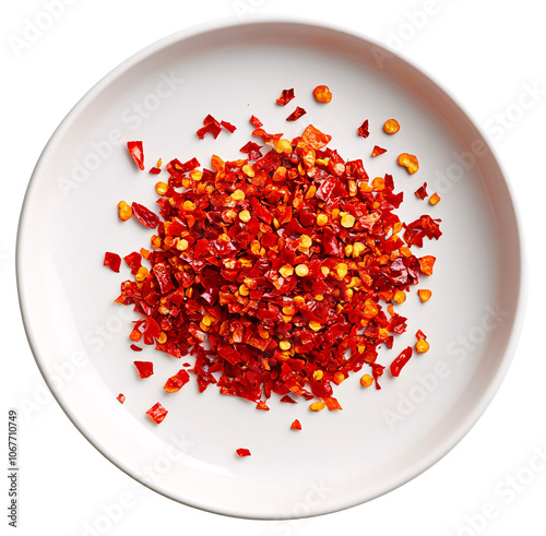 A small white dish filled with crushed red pepper flakes.