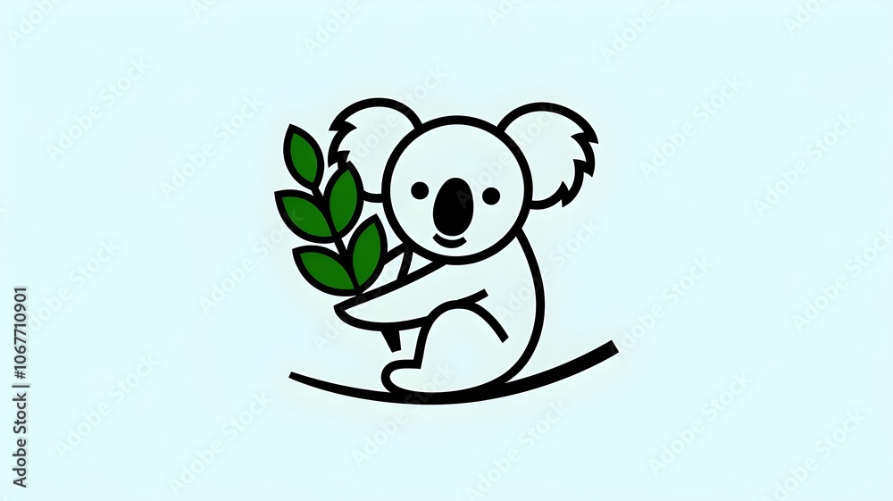 Fototapeta premium Black outline of koala holding eucalyptus leaf on branch