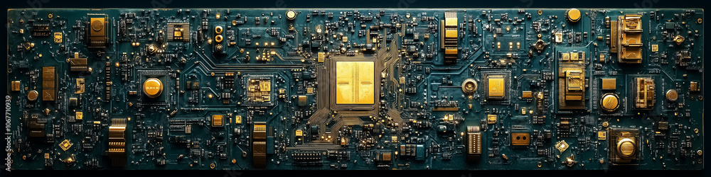 Fototapeta premium Futuristic circuit board design featuring intricate microchips and electronic components, ideal for wall art, posters, or modern technology-themed decorations.