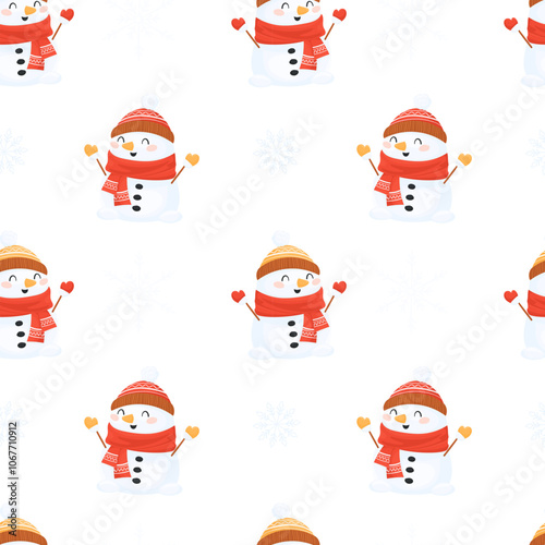 Seamless vector pattern with snowmen, on a white background. Vector snowmen in hats and scarves on a white background decorated with snowflakes. Ideal for creating fabrics, Christmas paper