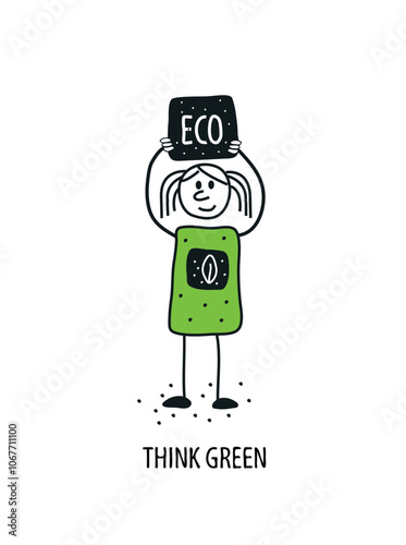 Vector hand drawn cartoon sketch of girl supporting Environmentally friendly planet concept.Think Green. 