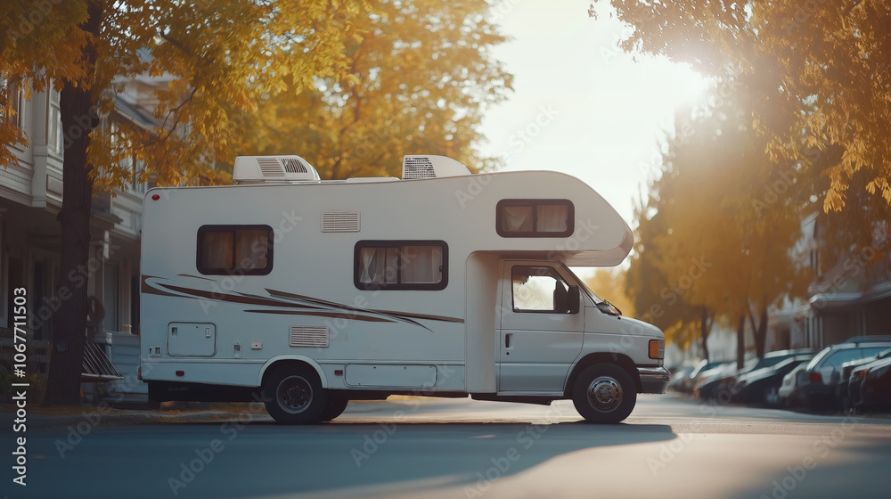 Advertisement showing a used motorhome parked on a suburban street. The motorhome is positioned prominently with its side profile facing the viewer