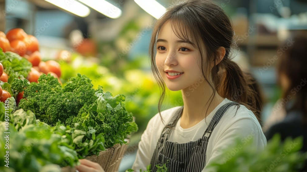 A female consultant helps a young woman in a vibrant grocery market with fresh produce