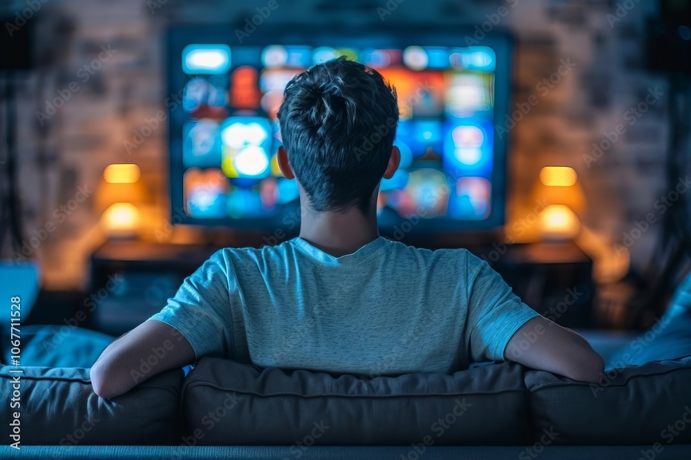Man Watching Television on His Smart TV in the Living Room Man Watching Television on His Smart TV in the Living Room