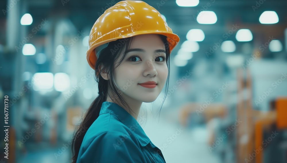 Happy Asian Woman Engineer In Helmet Working In Manufacturing Plant, Processing Orders And Products In Manufactory Warehouse.