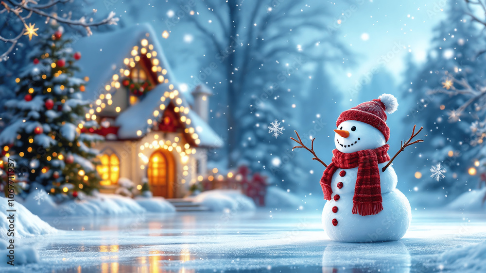 Obraz premium Charming snowman in a winter wonderland with a cozy house