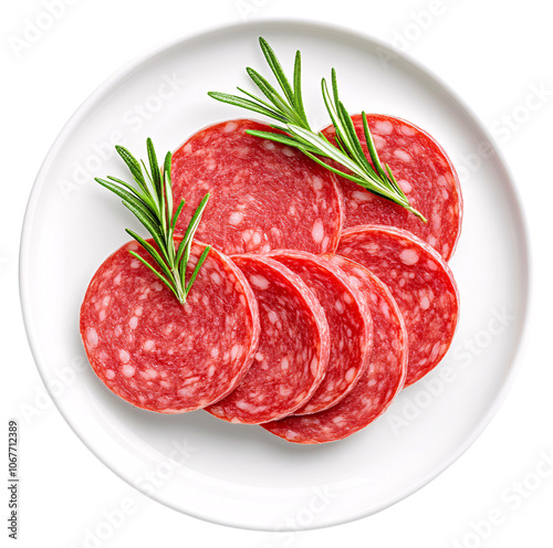 Close-up of thinly sliced salami on a white plate, garnished with rosemary sprigs.