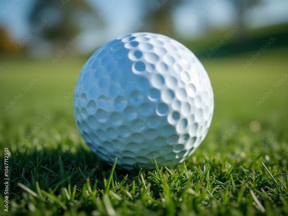Close-up of a white golf ball with textured dimples resting on vibrant green grass on a sunny day Close-up of a white golf ball with textured dimples resting on vibrant green grass on a sunny day