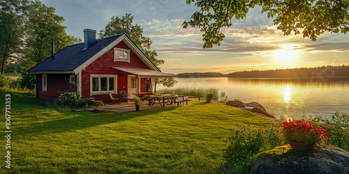 Sunset on the lake with a red wooden house on the shore