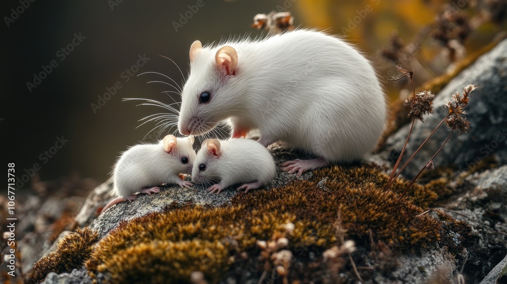 Three White Rats on a Mossy Rock Three White Rats on a Mossy Rock