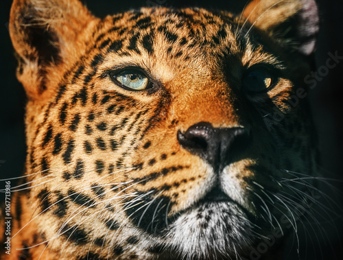 Photography Dramatic portrait of a leopard illuminated by striking light, highlighting its f