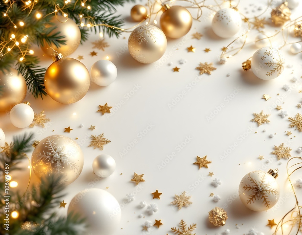 Elegant 3D Render of Gold and White Christmas Baubles with Snowflakes, Stars, and Tinsel on a Snowy Background